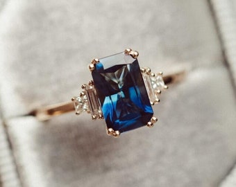 Emerald Cut Sapphire Engagement Ring: Baguette CZ Diamond Silver Bridal Ring