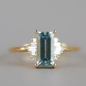 Unique Aquamarine and Moissanite Wedding Ring Baguette Stacking Art Deco Ring  Vintage Wedding Diamond Jewelry  Promise Ring Statement Ring