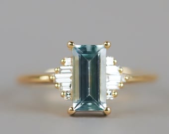 Unique Aquamarine and Moissanite Wedding Ring Baguette Stacking Art Deco Ring  Vintage Wedding Diamond Jewelry  Promise Ring Statement Ring