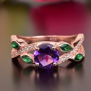 Amethyst & Emerald Wedding Ring 925 Sterling Silver, February Birthstone, Engagement Ring, Dainty Promise Ring. Delicate Gift For Women.