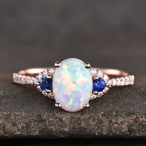 Art Deco Opal Ring: 10K Gold, Blue Sapphire Bridal Jewelry