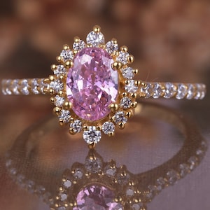 Pink Sapphire Engagement Ring: 14k Diamond Halo, September Birthstone