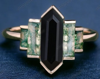 Anillo hexagonal de ónix negro: anillo nupcial vintage de ágata musgosa
