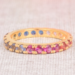 Blue and pink Sapphire Rose Gold Wedding Band Sapphire Engagement Ring Vintage Art Deco  Matching Band for Women Statement Bridal gift
