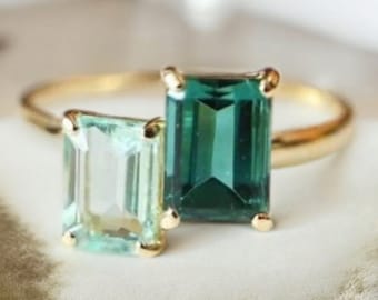 Emerald & Aquamarine Ring, Toi et Moi Ring, Two Stone Ring, 14k Solid Gold, Engagement Ring, Wedding Ring, Couple Ring, Gift for her