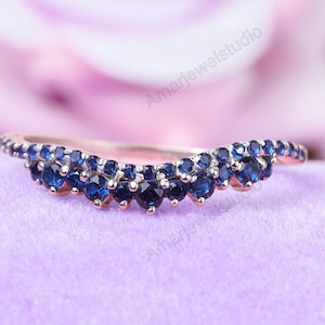 Blue Sapphire Curve Wedding Band: Art Deco Sterling Silver Stacking Ring