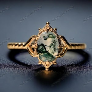 Oval Moss Agate Ring: Delicate Gold Stacking Ring