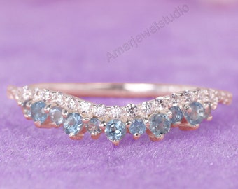 Aquamarine Wedding Band Crown Wedding Band  Curve Wedding Ring Stacking Ring Chevron Ring Rose Gold Plated Sterling Silver Anniversary Ring