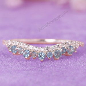 Aquamarine Crown Wedding Band: Rose Gold Plated Sterling Silver Anniversary Ring
