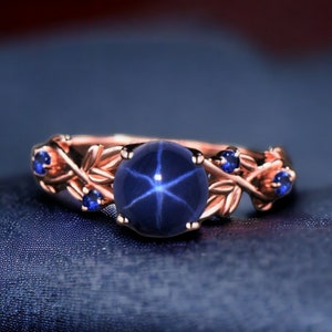 Trendy Star Sapphire Engagement Ring, Branch Leaf Blue Wedding Ring, Nature Inspired Blue Star Sapphire Ring, Rose Gold Ring, Promise Ring