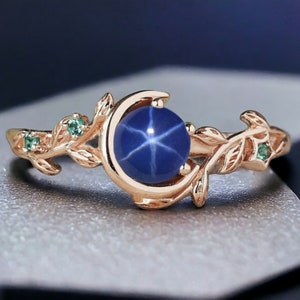 5mm Nature Inspired Round Cut Star Sapphire Moon Engagement Ring Blue Sapphire Wedding Ring Cluster Star Blue Ring Unique Personalized Gifts