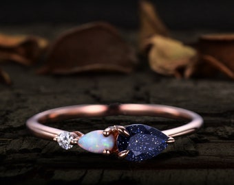 Sandstone Opal Engagement Ring: Pear Cut Moissanite, Art Deco Bridal Ring