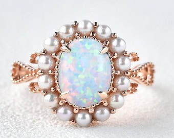 Opal Halo Ring: Dainty Sterling Silver, Lab Opal & Pearl