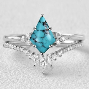 Vintage Kite Turquoise Engagement Ring Set: Sterling Silver Bridal Band