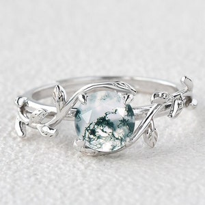Moss Agate Engagement Ring: Sterling Silver Leaf Wedding Ring