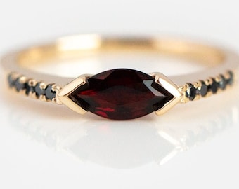 Marquise Garnet Ring: 14k Gold January Birthstone, Black Onyx Accents