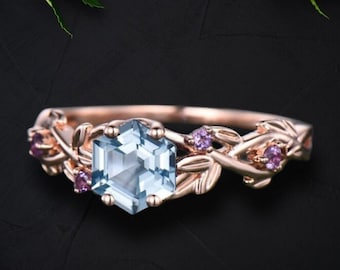Aquamarine ring vintage hexagon cut Aquamarine engagement ring 14k white gold leaf ring twisted wedding ring women March birthstone ring