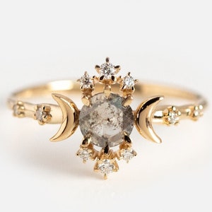 Black Rutilated Quartz Engagement Ring: Silver Crescent Moon Ring