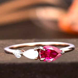 Unique Pink Tourmaline Opal Engagement Ring,Pear Cut Gems,Art Deco Moissanite Wedding Band,3 Stone Unique Women Bridal Promise Ring Gift