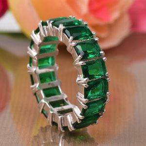 Emerald Baguette Sterling Silver Eternity Band - May Birthstone