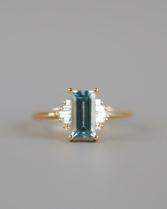 Vintage Art Deco Aquamarine Ring: Baguette Moissanite Wedding Band