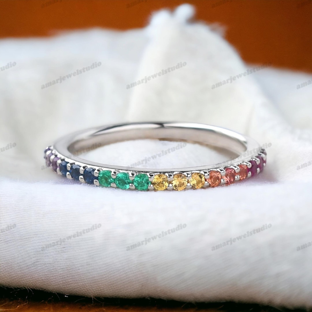 Rainbow Ring Rainbow Sapphire Wedding Band, Sapphire Half Eternity Band ...