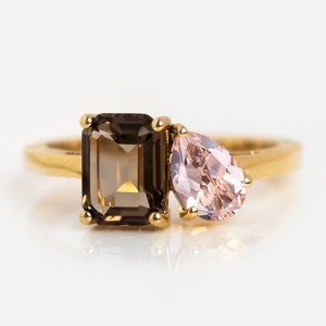 Toi et Moi Ring, Smoky quartz Promise Ring, Morganite Engagement Ring, Two Stone Ring, Wedding Ring, Anniversary Gift, Gift for Her
