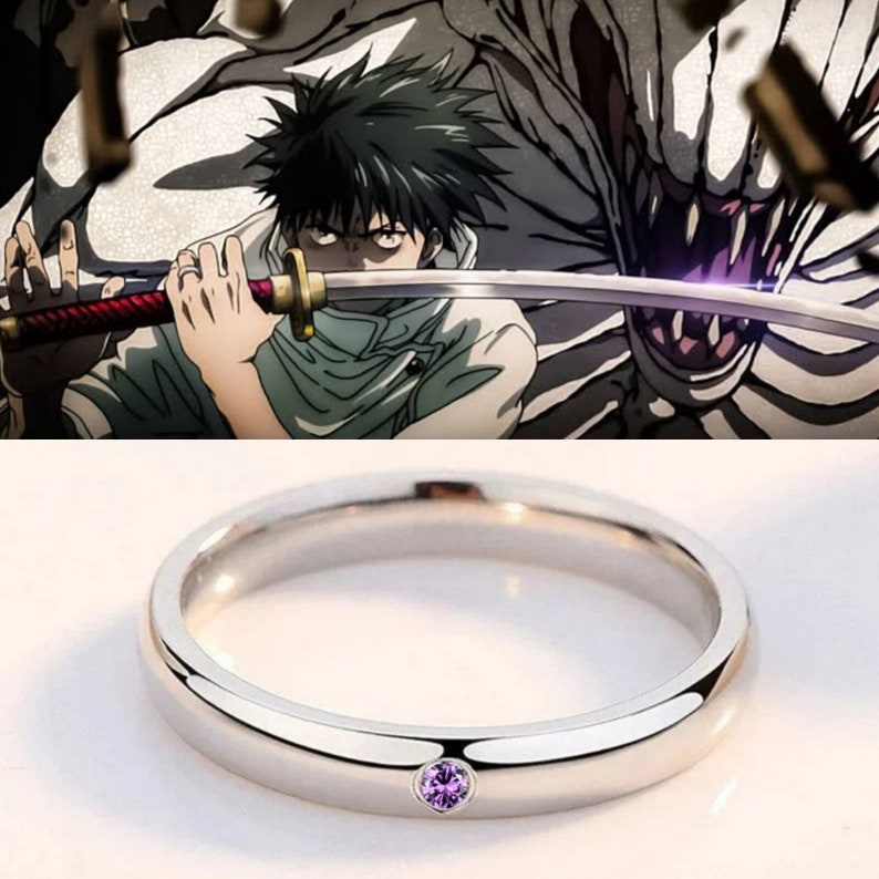 May include: A silver band ring with a small, light purple gemstone set in the center.
