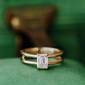 Emerald Cut Moissanite Double Band Solitaire Ring, Colorless Moissanite Diamond Ring, 14k Solid Gold Promise Engagement Ring, Gift For Wife