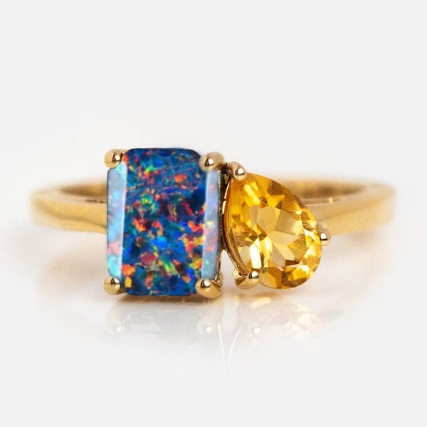 Bague toi et moi, alliance opale noire, bague de fiançailles citrine, bague deux pierres, alliance, cadeau d'anniversaire, cadeau pour elle