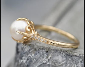 Freshwater Pearl Ring: Sterling Silver Diamond Accent, Engravable