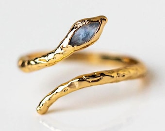 18k Gold Snake Ring: Moonstone Serpentine Style
