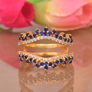 Blauwe saffier en diamantversterkingsband, dubbele ringverbeteraar 14 kt witgoud, verlovingsverbeteraar bewaker, wikkelverbeteraar bewaker