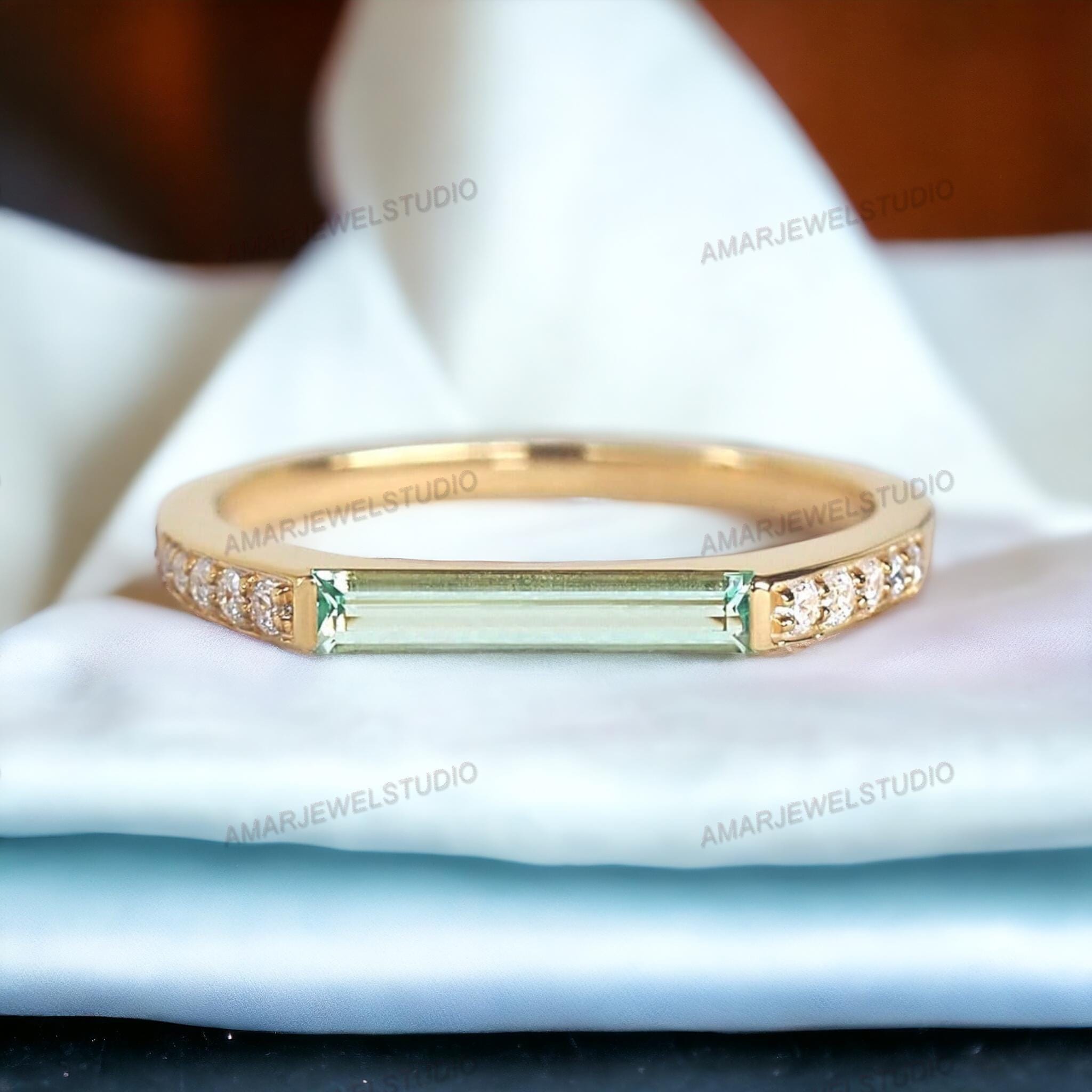 Unique Aquamarine and Moissanite Wedding Ring Baguette Stacking Art Deco Ring Vintage Wedding Diamond Jewelry Promise Ring Statement Ring