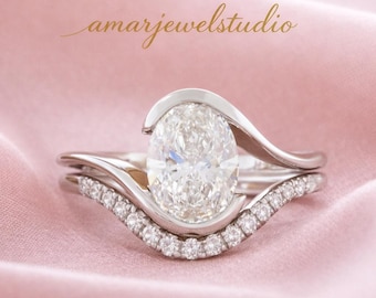 Oval Cut Moissanite Engagement Ring Set, Solid Gold Bypass Ring with Curved Wedding Band for Women