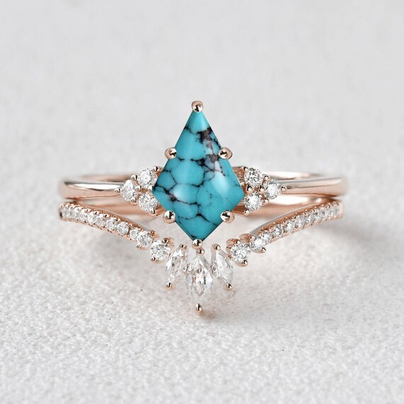 Vintage Turquoise Engagement Ring Set,11x7mm Kite Turquoise