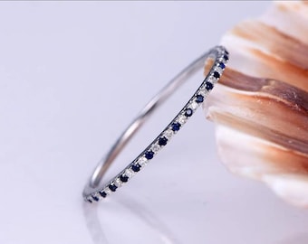 Blue Sapphire Diamond Full Eternity Minimalist Band Natural Sapphire Diamond Wedding Band, 14K White or 18K Gold Real Diamond Sapphire Band,
