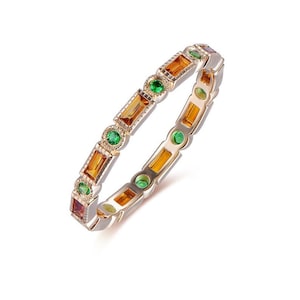 Citrine Emerald Baguette Eternity Band: Art Deco 14K Gold Wedding Ring