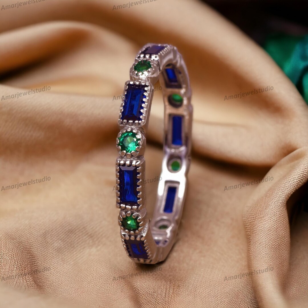 Vintage Sapphire Emerald Wedding Band, Full Eternity Band, Stacking