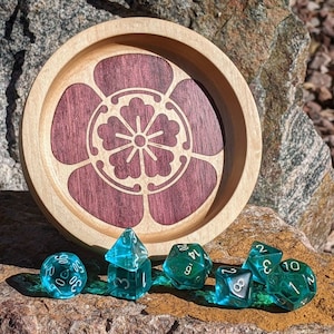 Maple Dice Tray with Purpleheart Inlay | D&D Dice Bowl | Oda Kamon Crest Wood Tray | Japanese Kamon Wood Tray