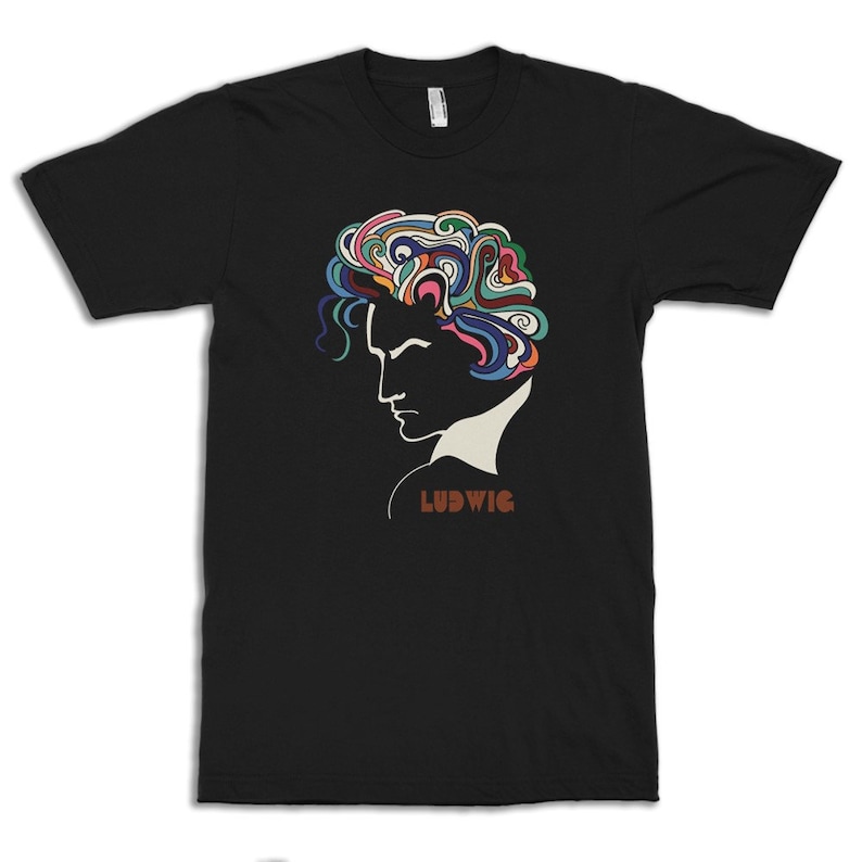 Op de afbeelding: Zwart T-shirt met een profiel van een persoon met kleurrijk, wervelend haar. Het ontwerp bevat de naam "LUDWIG" in bruine letters. Het shirt heeft een ronde hals.