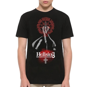 May include: Black t-shirt featuring a graphic from the anime series Hellsing. The design includes a central character with a sword, surrounded by a red circular emblem and the word "Hellsing" in white. A cross is below the text.