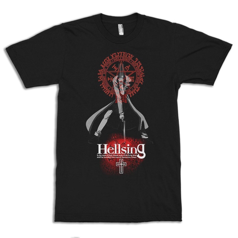 May include: A black short-sleeved t-shirt featuring a graphic of a character in a long coat holding a sword. Above the character is a red circular seal with text. Below is the white text Hellsing, a cross, and additional small text.
