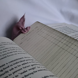 A zoomed in photo of one of the bookmarks laid inside of a book, demonstrating its purpose