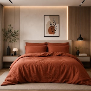 May include: A bedroom featuring a bed with a rust-colored duvet cover and matching pillowcases. The bed is centered against a wall with a framed abstract print. Two bedside tables with lamps and a tall vase with greenery are positioned on each side.