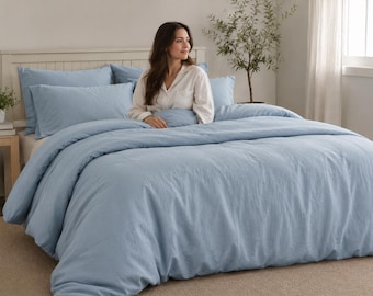 Ice Blue Soft Washed Cotton Duvet Cover Set, Minimalist Bedding, Zipper Closure