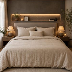 May include: A beige linen bedding set featuring a duvet cover, two standard pillows, and one rectangular throw pillow. The bed is centered in front of a dark brown wall with a recessed shelf containing small decorative items and warm lighting.