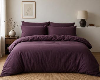 Dark Plum 100% Cotton Washed Duvet Cover Set, Zipper Closure Bedding