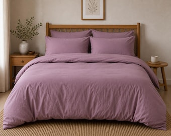 Set copripiumino in morbido cotone lavato color malva / Biancheria da letto minimalista in stile rustico