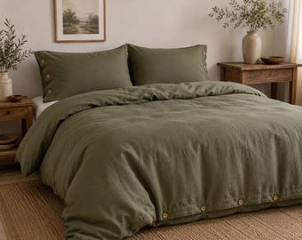 Washed Linen Duvet Cover Set, Olive Green, Soft Breathable Bedding, Rustic Bedroom Decor